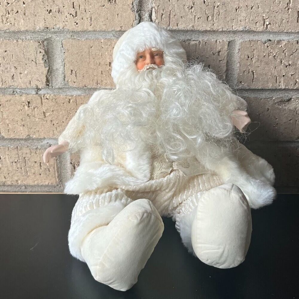 Old World Style Fabric Santa Plush Figurine Father Christmas Ivory 13” Decor